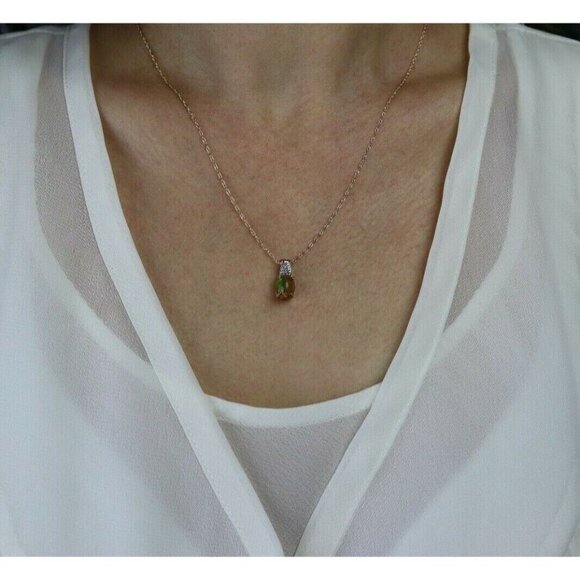 9k Yellow Gold Natural Ethiopian Opal & Diamond Necklace 10k Gold 18 inch chain - Picture 2 of 8